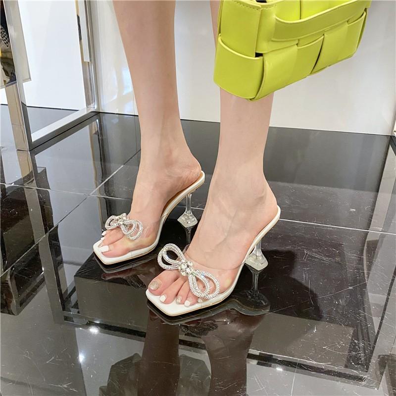 Summer New Style Luxury Sexy Comfortable Banquet Casual Rhinestone Elegant High Heels Bow Women's Slippers Zapatos Mujer