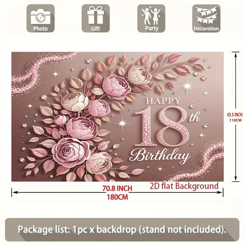 2D Pink Rose 18th Happy Birthday Backdrop 210x150cm Party Banner