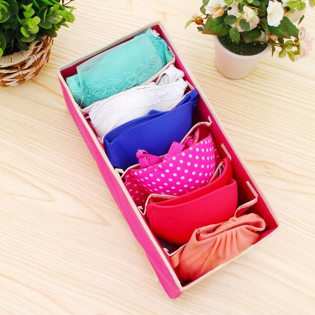 Beige & Rose Red 4-Piece Underwear Storage Set: Fabric Box for Socks & Bras with 6, 7, or 8 Grids.