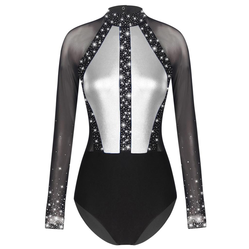 Womens Figure Skating Bodysuit Color Block Patchwork Keyhole Back Sheer Mesh Long Sleeve Rhinestone Leotard