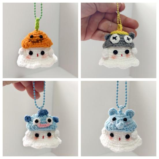 Halloween Crochet Ghost Ornament Cute Handmade Knitted Frog/Cat/Spider/Strawberry Ghost Hanging Decoration for Car Rearview Mirror Bag Charm