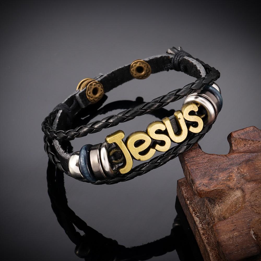 New Multi-Layer Leather Woven Beads Jesus Bracelet Charm Men's Bracelet Fashion Religious Christian Accessories Talisman Jewelry