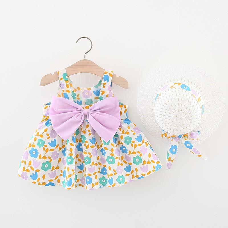 A749 Summer Baby Girl Princess Dress with Big Bow & Flower Skirt, Includes Hat, for Ages 1-4