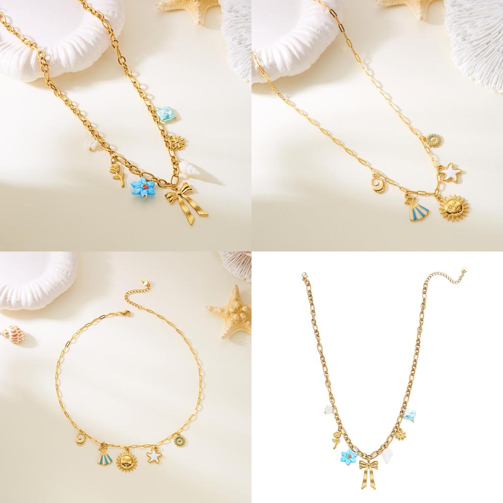 Summer Jewelry Multilayer Stainless Steel Starfish Shell Pendant Necklace For Women