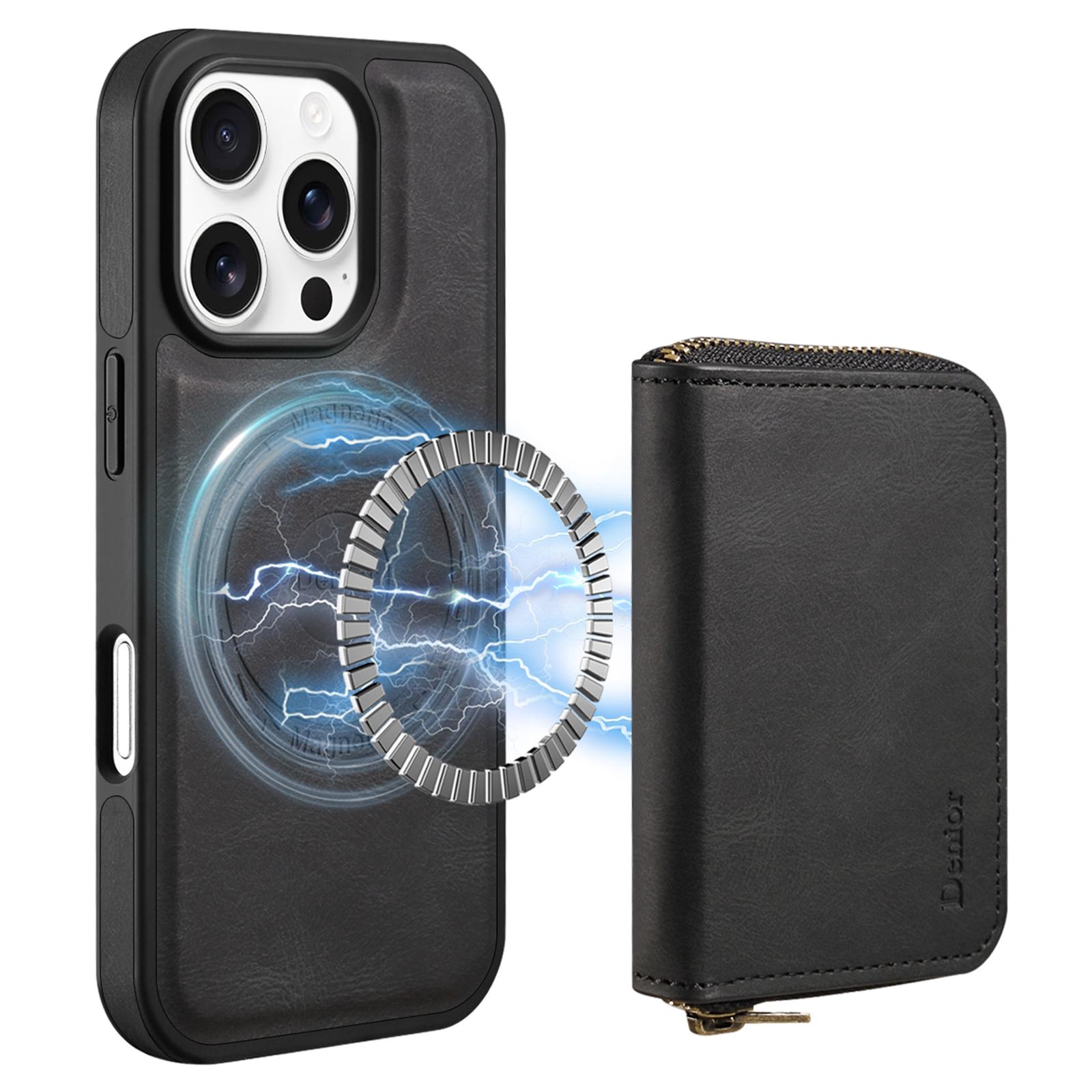 

Pinpai для iPhone 16 Pro Чехол Skin Touch Кожаная задняя крышка со съемным отделением для карт на молнии Black