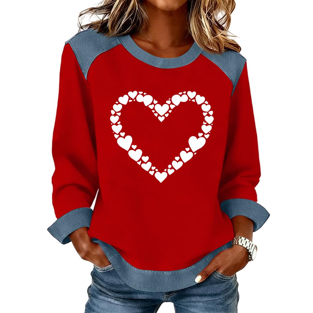 Women Denim Collar Patchwork Stitching Sweatshirt Casual  Pullover Long Sleeve Shirts