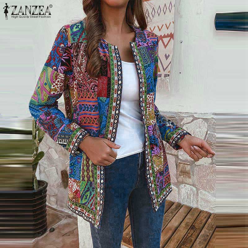 ZANZEA Ethnic Print Casual Long Sleeve Women Cardigan Thin Outwear