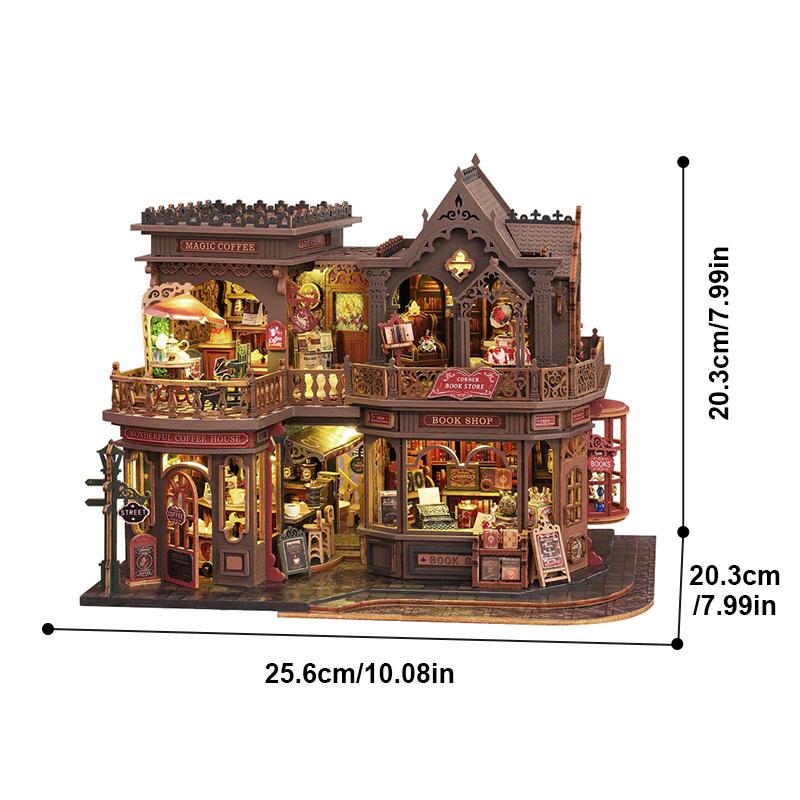 Diy Wooden House Bookcase With Lights Coffee Shop Model Handcrafted Hut Assembly Cabin Diy Book Stand Kids Toys Girl Gifts