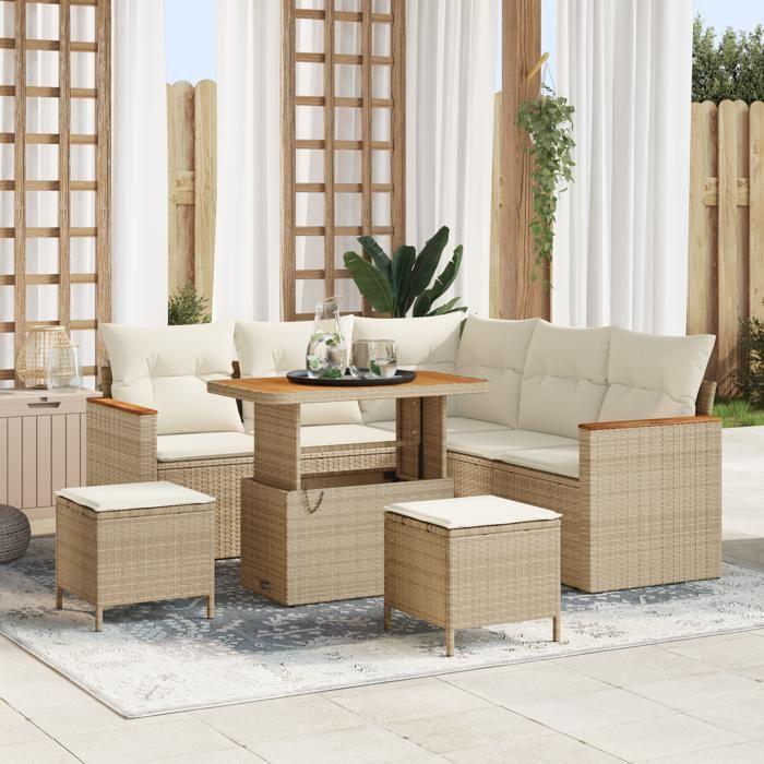 Ensemble de Canapé de Jardin 8 pièces avec Coussins Beige Poly Rattan Acacia, Ensemble de Salle à Manger de Jardin 3 pièces 3363046