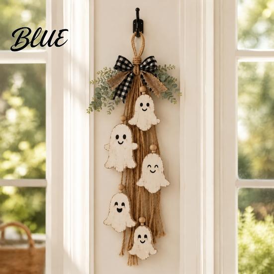 Seasonal Indoor Hanging Ornament Halloween Rustic Ghost Wall Decor with Wood Beads & Hemp Rope Farmhouse Tiered Layered Display Pendant for