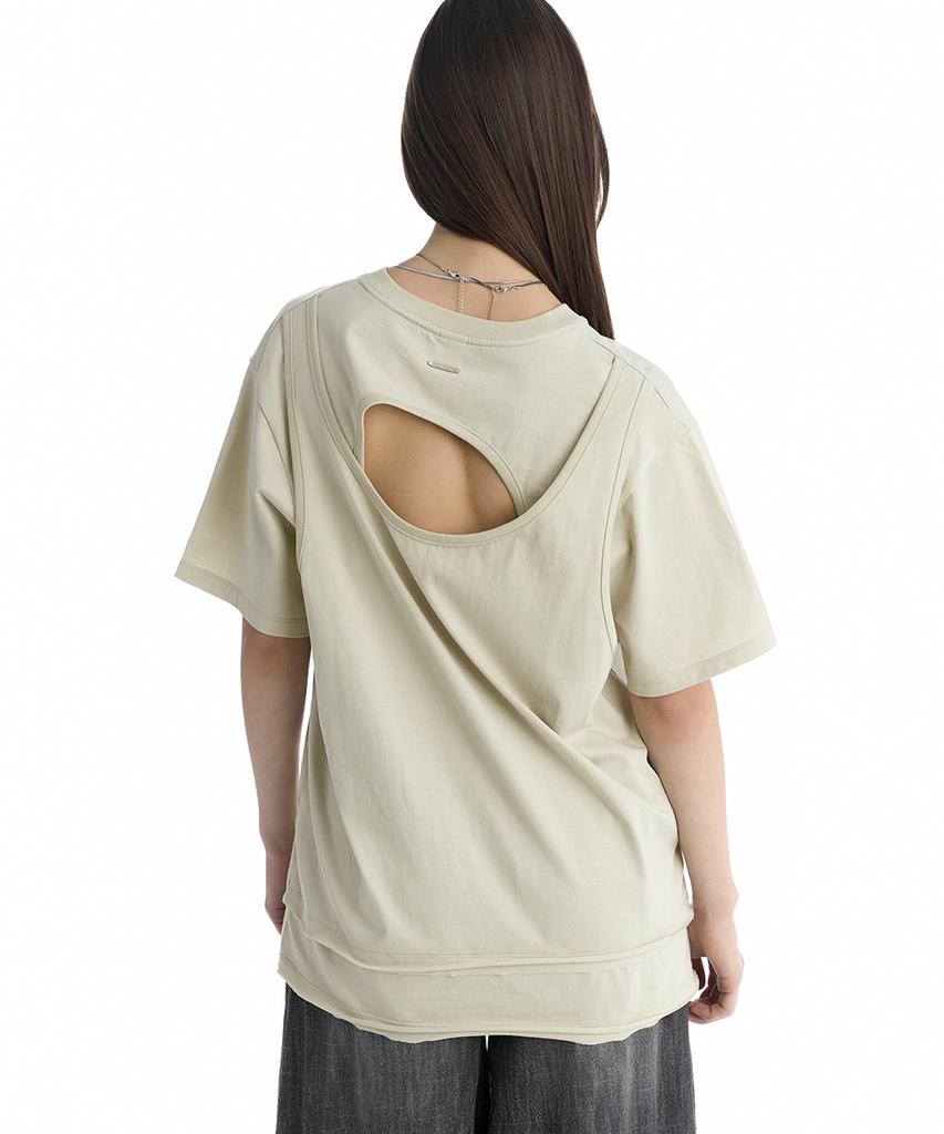 Teulimingbeodeu Open Back Detail T-Shirt [ Light Beige ]