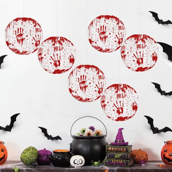 Halloween Blood Handprint Paper Lantern Spooky Hanging Round Lantern for Parties Haunted Houses Home Decoration