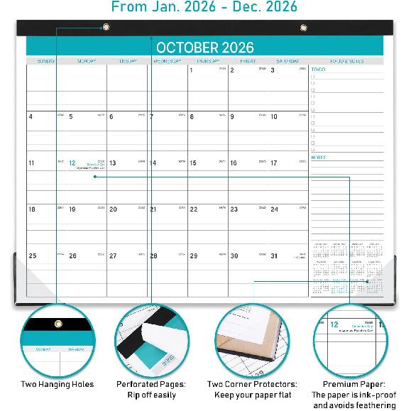 2026 Desk Calendar - 2026 Calendar from January to December 2026, 12 Monthly Calendar 2026 with Ruled Blocks for Planning, 14.6'' x 11.5''