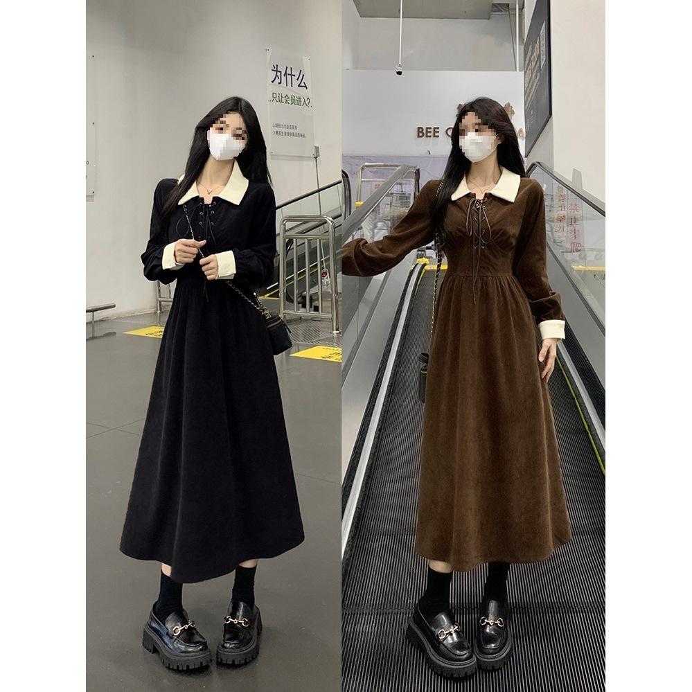 Spring new retro cold wind medium and long waist fungus edge long sleeve dress women's skirt #