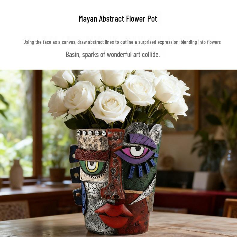 Mayan Abstract Colorful Resin Flower Pot for Garden & Living Room Décor, Green Plant Succulents & Bonsai Display