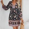 European and American Long Sleeve Bohemian Leisure Vacation Positioning Flower Dress