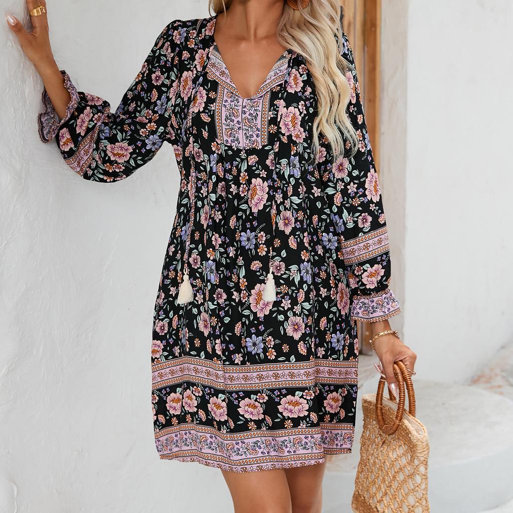 European and American Long Sleeve Bohemian Leisure Vacation Positioning Flower Dress