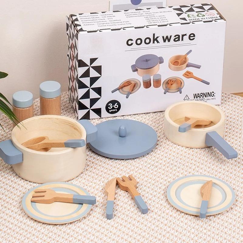 Wooden Kitchen Playset for Kids Educational Role-Play Chef Toys Mini Cookware Pots Pans Simulation Cooking Utensils for Children