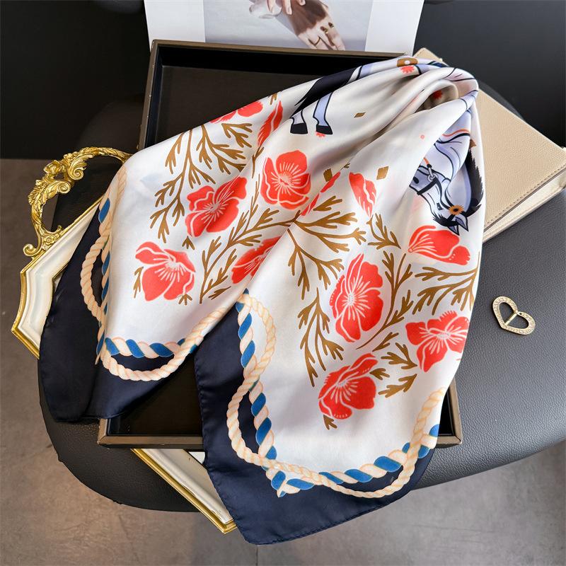 Floral Printed Silk Like Square Scarf For Women Summer Sun Protection