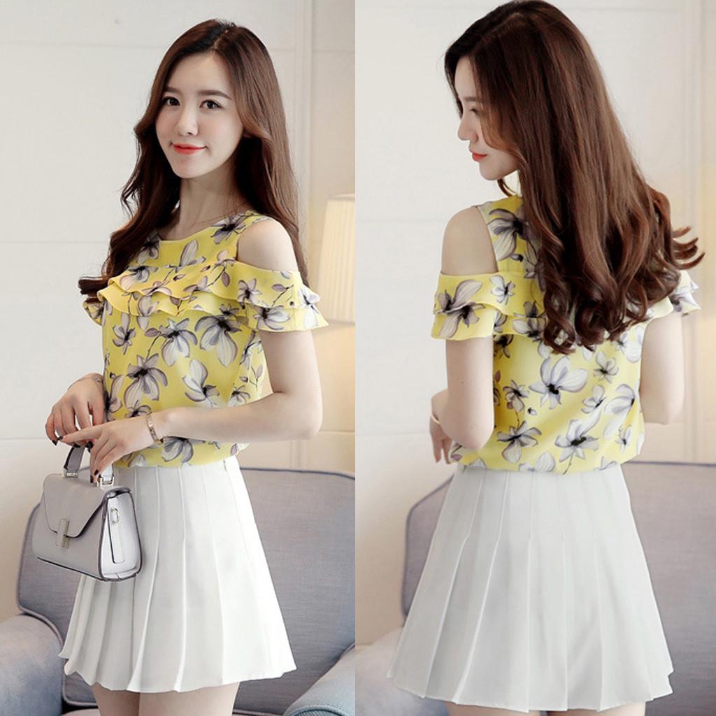 Summer Women Off Shoulder Ruffles Tops Casual Chiffon Floral Print Blouses