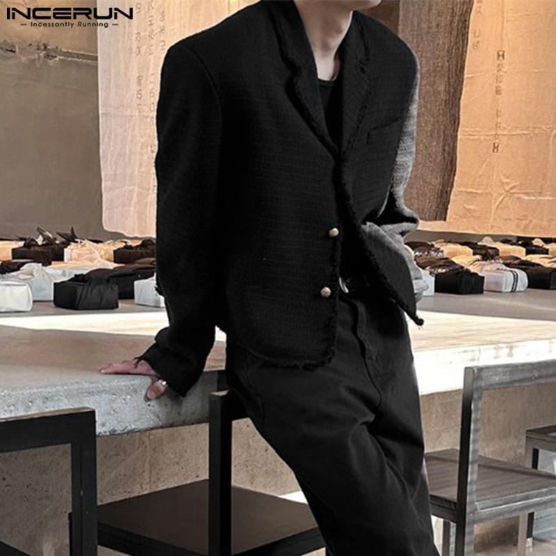 INCERUN Autumn Men Lapel Long Sleeve Buttons Cropped Short Texture Blazer Coats