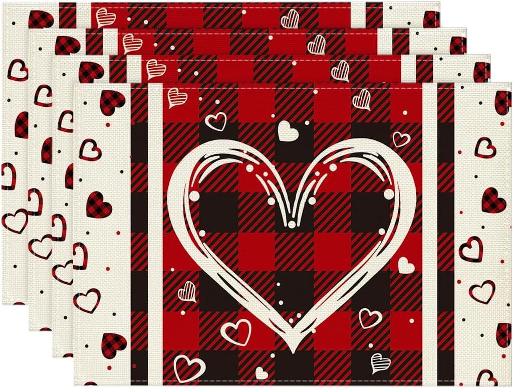 Red Black Love Mother's Day Placemats Set of 4, 12x18 Inch Seasonal Holiday Table Mats for Party Kitchen Dining Decoration