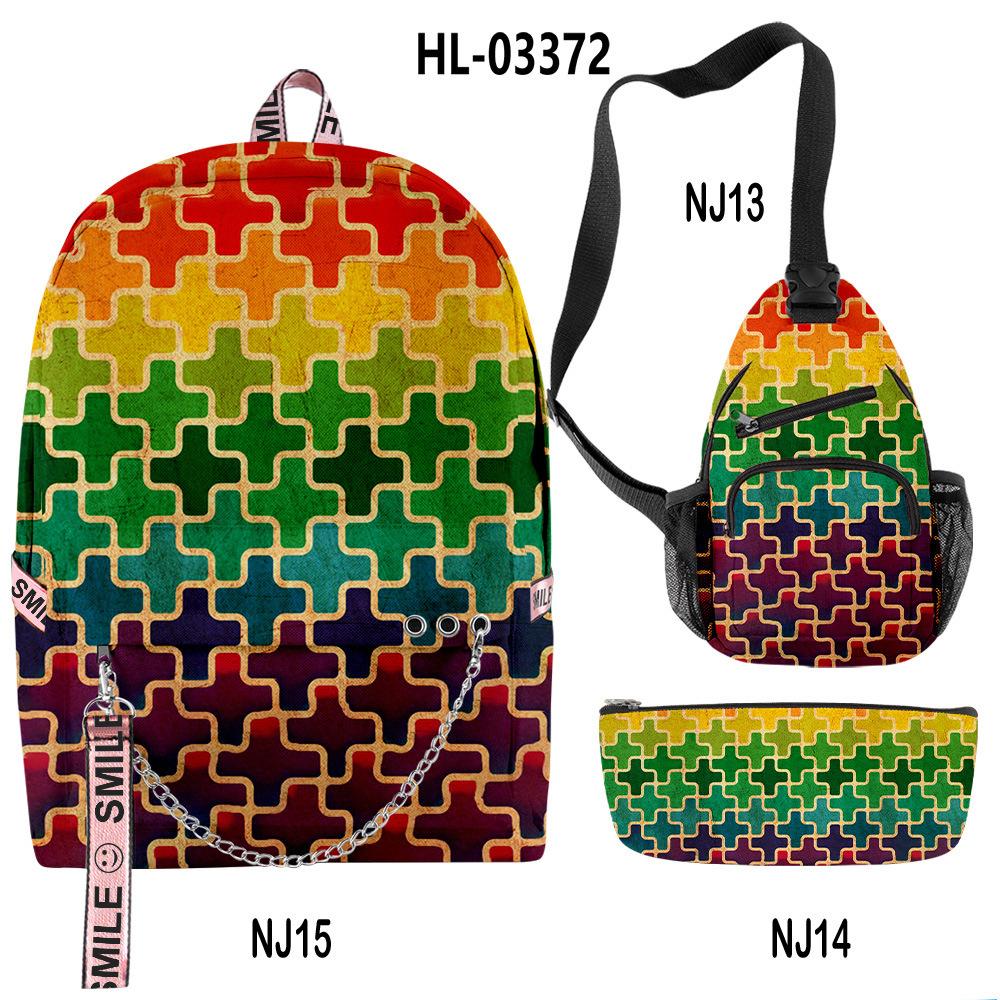 Classique Nouveauté Cool Créatif Color blocking Impression 3D Set de 3 pièces Sacs d'école multifonction Sac à dos de voyage Sac de poitrine Trousse à crayons