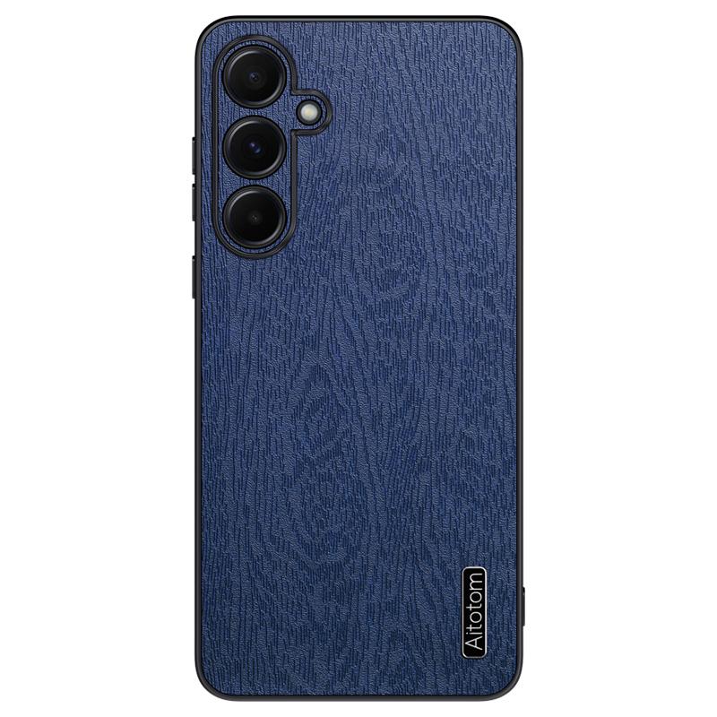 For Samsung Galaxy A55 5G Phone Case Wood Texture Leather Coated PC+TPU Anti-drop Cover