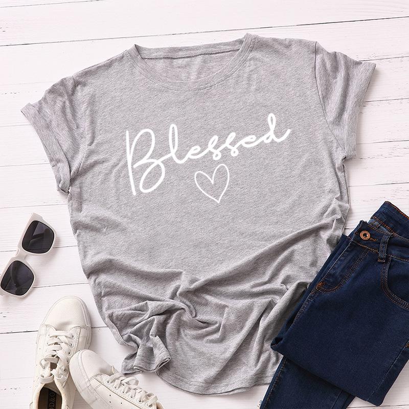 Blessed Letter Cotton T-Shirt Short Sleeve Round Neck Women 2d Print Tops