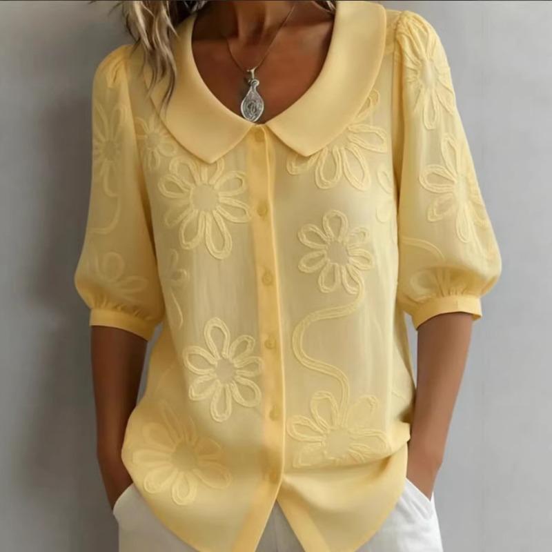 Elegante Camicia Ricamata con Fiori Casual Larga Retro Bottoni Manica Corta Colore Bambola Blusa Casual Monocolore Dolce Moda Ufficio Top Basici