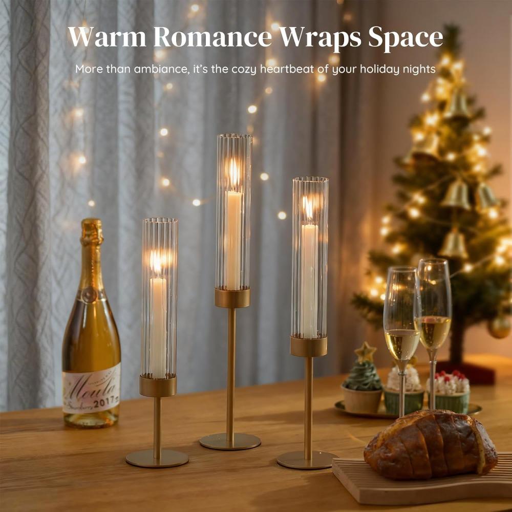 3pcs Golden Hurricane Taper Candle Holders Brass Candlestick Holders with Ribbed Glass Cylinder Cover Fluted Tall Candle Sticks Holder Decor