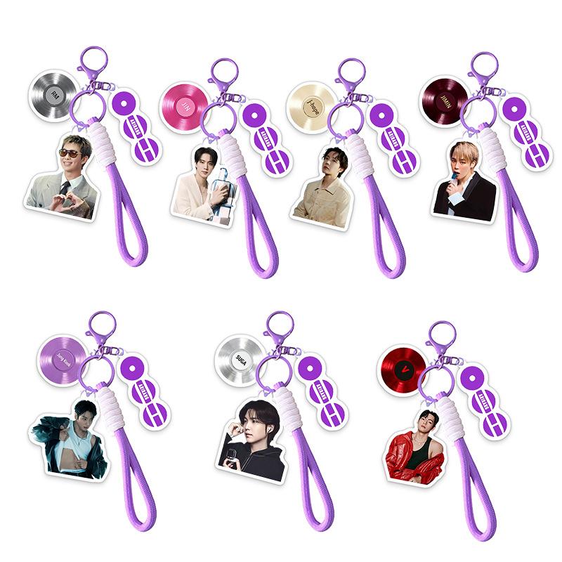 

7pcs BTS Member Photo Acrylic Keychain with Purple Braided Strap, Bangtan Boys Vinyl Disc Charm Keyring, Kpop ARMY Fans Bag Accessory 7pcs