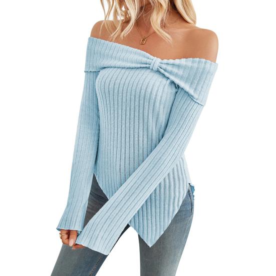 Frauen Tops Off Schulter Langarm Unregelmäßigen Seite Schlitz Saum T-shirt Einfarbig Slim Fit Knoten