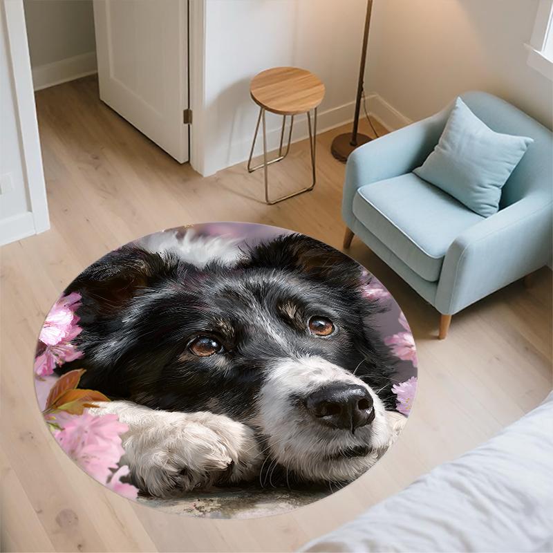 Runder Teppich mit Muster von Border Collie und frischen Blumen, Teppich für Wohnzimmer, Schlafzimmer, Spielzimmer, rutschfeste Fußmatte, Feiertagsgeschenke und Geburtstagsgeschenke.