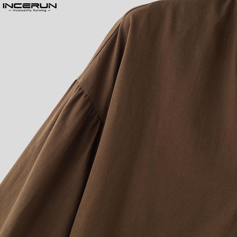 INCERUN Vintage Oversized Men Stand V Neck 3/4 Sleeve Casual Loose T-shirts