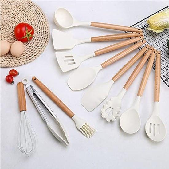Hiino Kano kitchen tool set cooking utensils 13 pieces 14 heat-resistant silicone wooden handle gentle on pots dishwasher safe spatula ladle