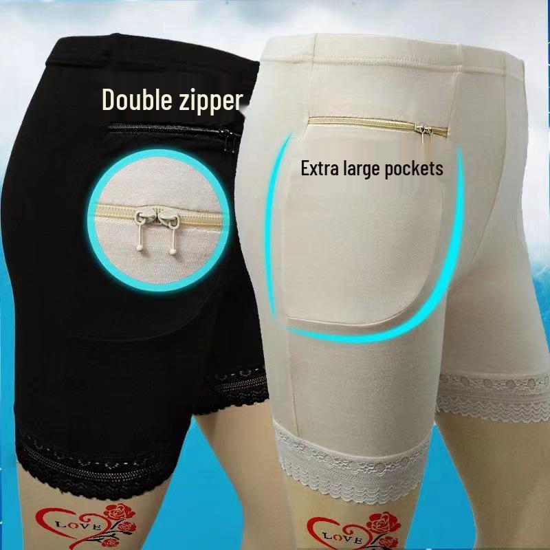 Plus Size Safety Shorts with Double Zipper & Large Pockets – Anti-Exposure Lace Leggings