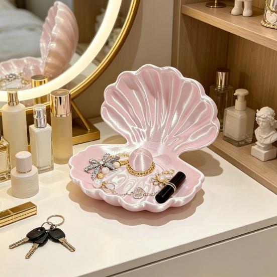 3D-Printed Shell Shape Jewelry Organizer Tray Pearl Luster Desktop Storage Decoration for Earrings Rings Bracelets Lipstick Gift