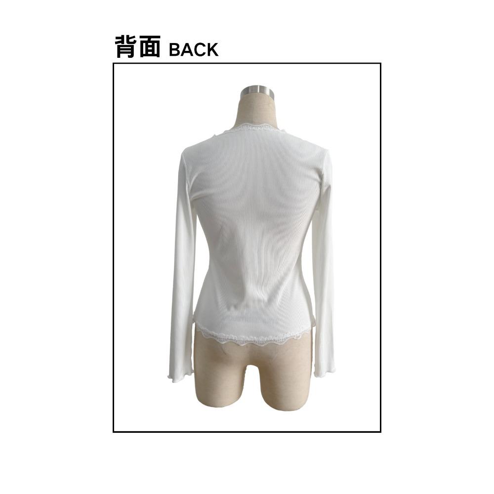 Women V-Neck Lace Patchwork Striped Cardigan Long Sleeve Casual T-Shirt Top