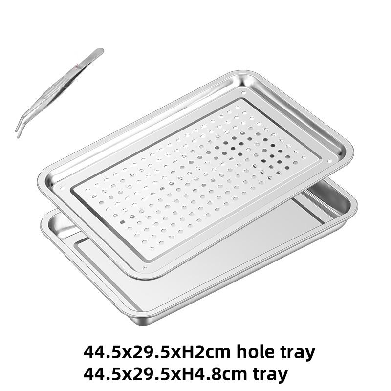Stainless Steel Rectangle Dinner Tea Tray Double 2 Layer Dumpling Oil Leaking Hole Basin Steaming Draining Hole Plate with Basin