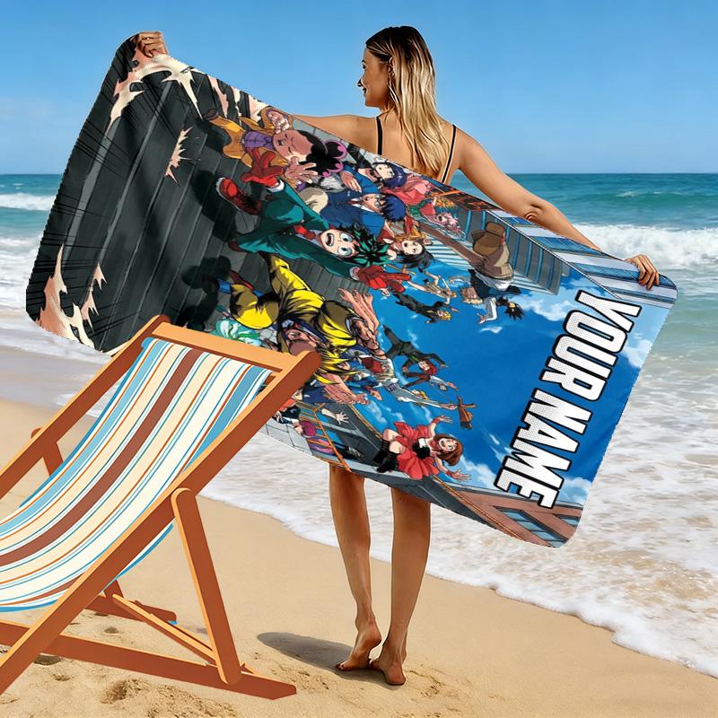 Name Custom Anime Mha Print Beach Towel, Large Soft Quick Dry Towel for Beach Camping Swimming