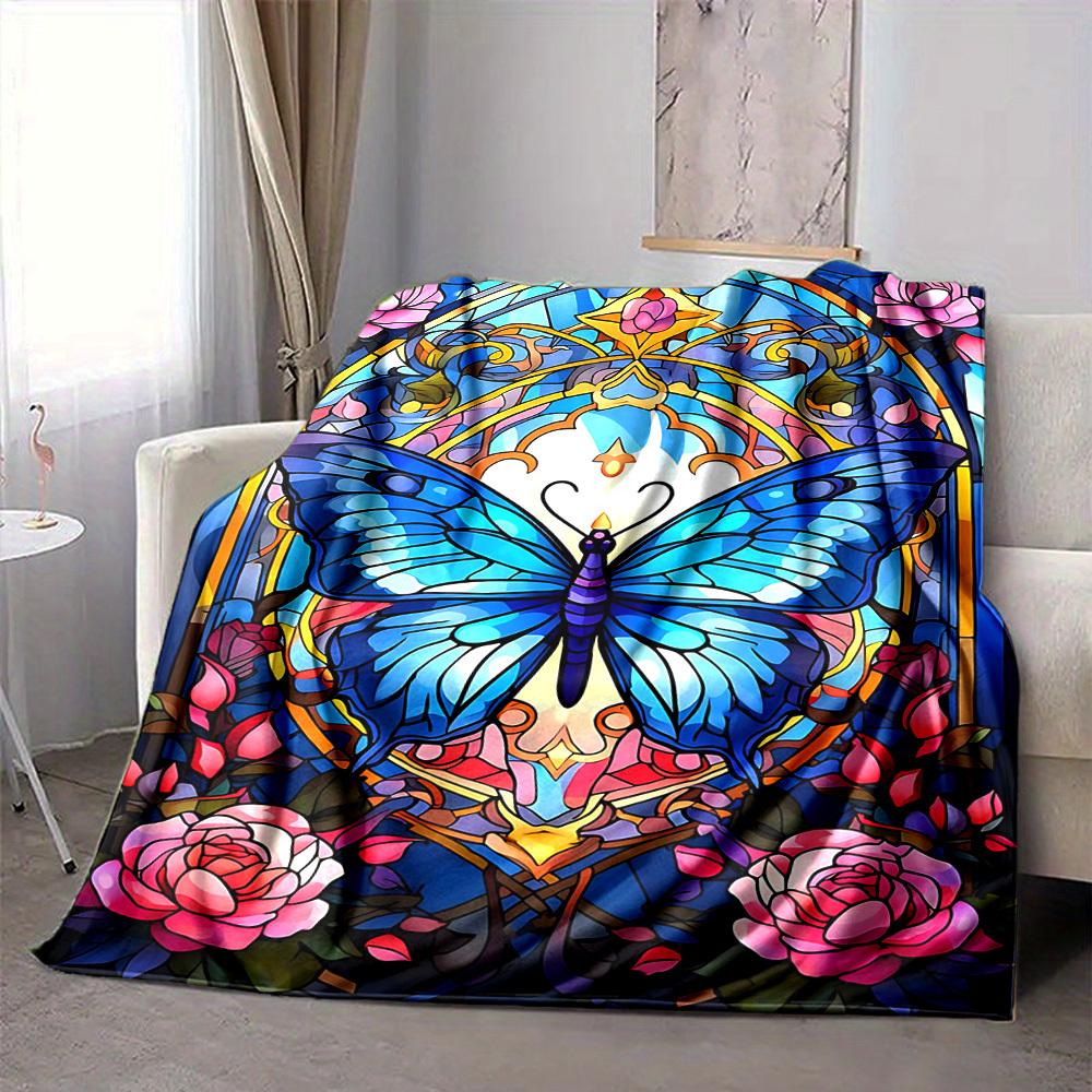 1pc Butterfly StainedGlass Lightweight Flannel Blanket, Comfortable and Warm Blanket, for Office and Camping Sofa Bed, Livingroom171