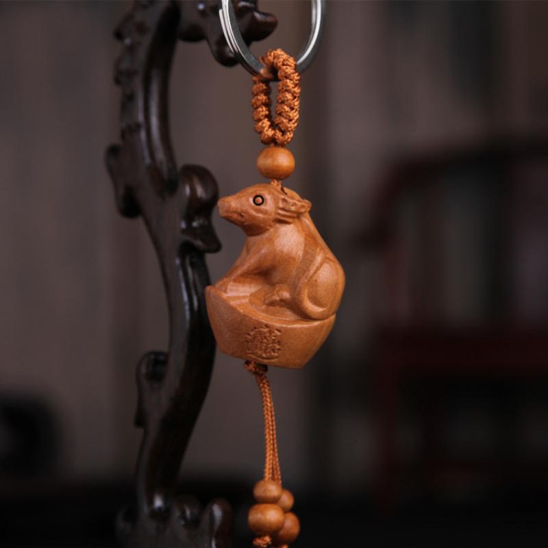 Animal Creative Fengshui Ethnic Lucky Mascot Gift Car Key Ring Chinese 12 Zodiac Keychain Engraving Wood Keyring
