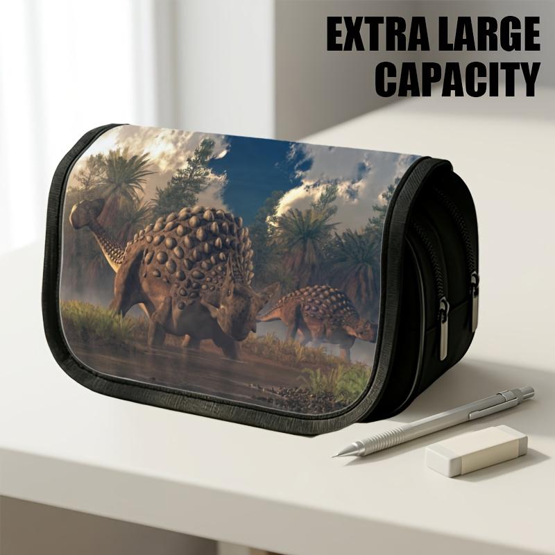 1pc Double Layer Flip Pencil Case, Ankylosaurus Ecology, Large Capacity, Portable Polyester Pen Storage Bag with Zipper Closure, Ideal for School & Of