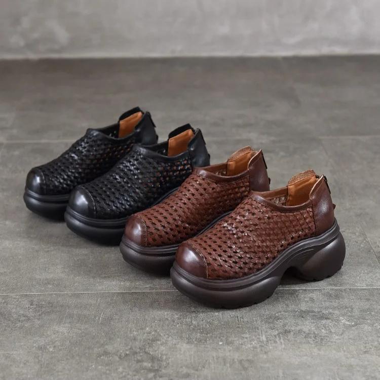 Johnature Thick Soled Height Increasing Genuine Leather Woven Sandals Hollow Breathable Women's Platform Shoes