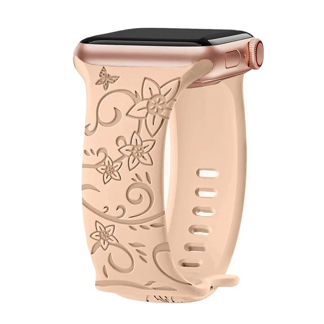 Floral Engraved Strap For Apple Watch Band 40mm 44mm 41mm 49mm 45mm 38mm 42mm Silicone Bracelet Iwatch Series 9 7 Se 6 8 Ultra 2
