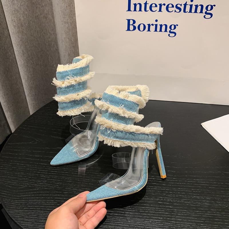 New Design Denim Ankle Snake Surround Strap Sandal Women Transparent Summer High Heels Party Stripper Shoes Pumps Zapatos Mujer