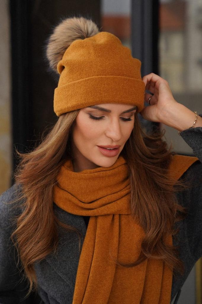 Women' Winter Woolen Hat Mustard Color Kamea-Chiru Natural Pompom