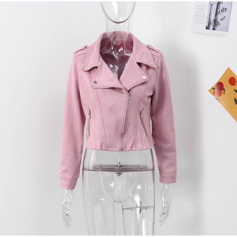 Jaqueta Vintage de Couro Camurça Sintético Slim Fina Feminina Gola Virada para Baixo Zíper Casaco Curto Manga Comprida Jaquetas Sólidas Estilo Motociclista Casual Outono Inverno