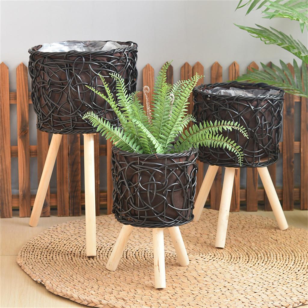 Woven Rattan Plant Stand Flower Pots Holder Stool with 3 Wood Legs Floor Planter Basket Rack for Home or Office Use